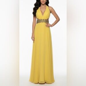 Party Time Yellow Y2K Vintage Formal Prom Dress Beaded Halter Gown Built in Bra